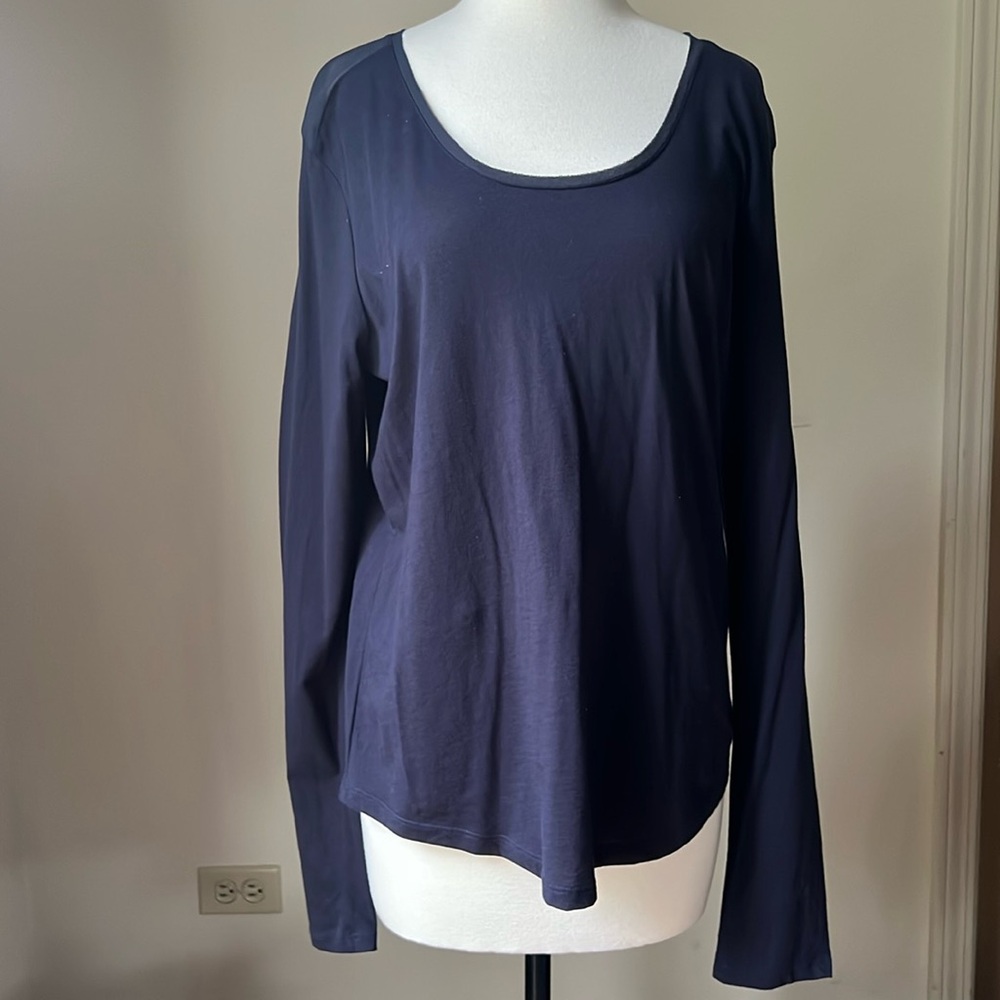 NWT VINCE Women’s Navy Long Sleeve Top with Sheer Silk Inserts at the Shoulder M